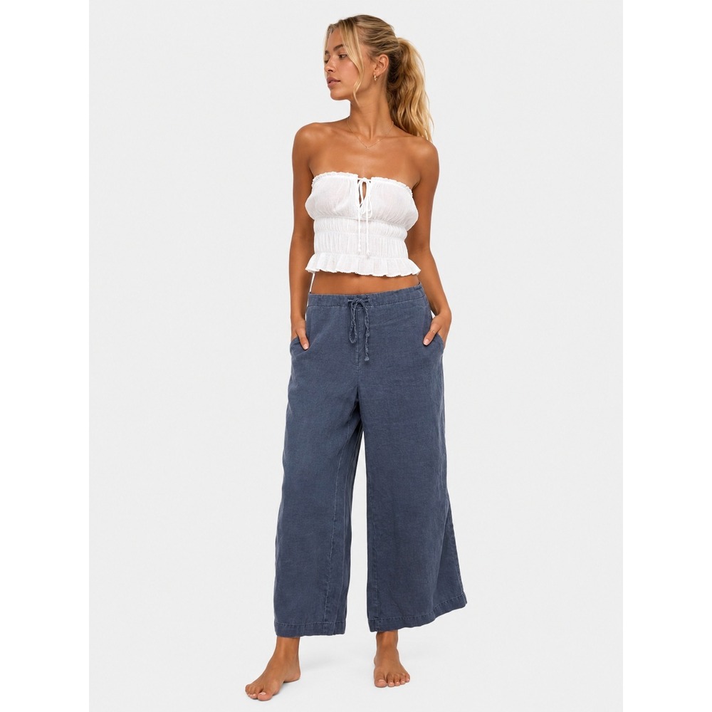 Portmans Navy Blue 100% Linen Wide Leg Cropped Drawstring Minimalist Pants 10 M